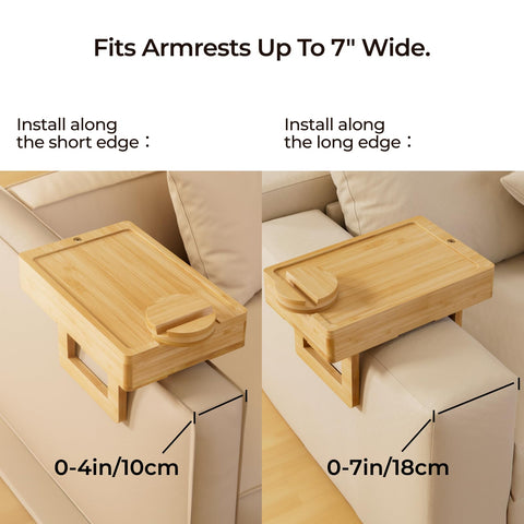 Wealone Mini Couch Arm Table for Narrow Armrest, Bamboo Sofa Arm Tray with Storage Box, Rotating Tabletop and Phone Stand