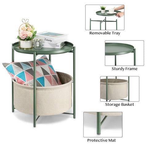 danpinera Round Side Table with Fabric Storage Basket, Metal Side Table Small Bedside Nightstand with Removable Tray for Living Room, Bedroom
