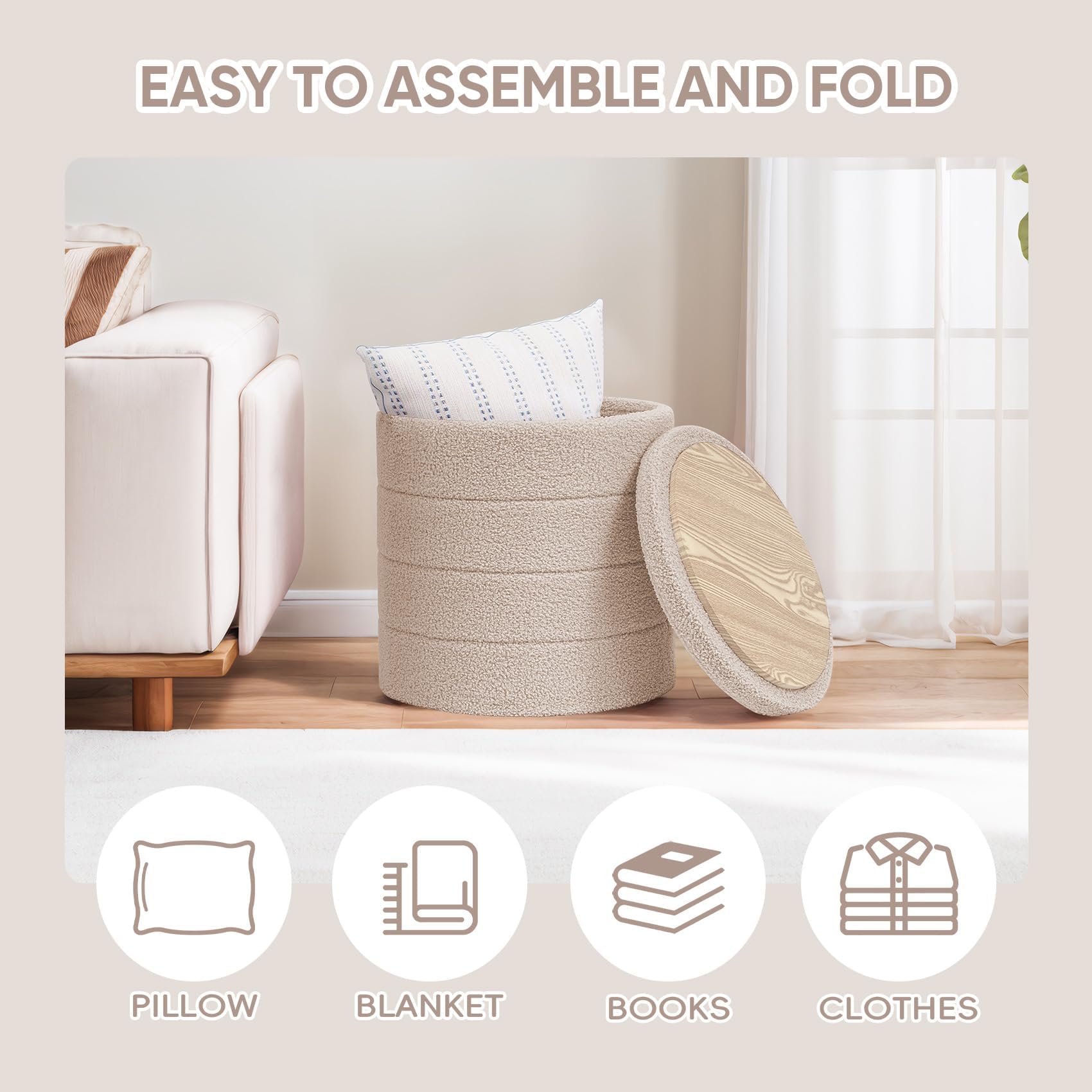 PINPLUS Round Ottoman Storage, Convertible Table, Beige, 43x43x45 cm