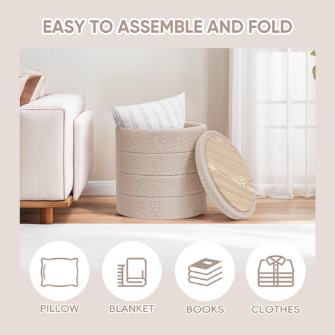 PINPLUS Round Ottoman Storage, Convertible Table, Beige, 43x43x45 cm