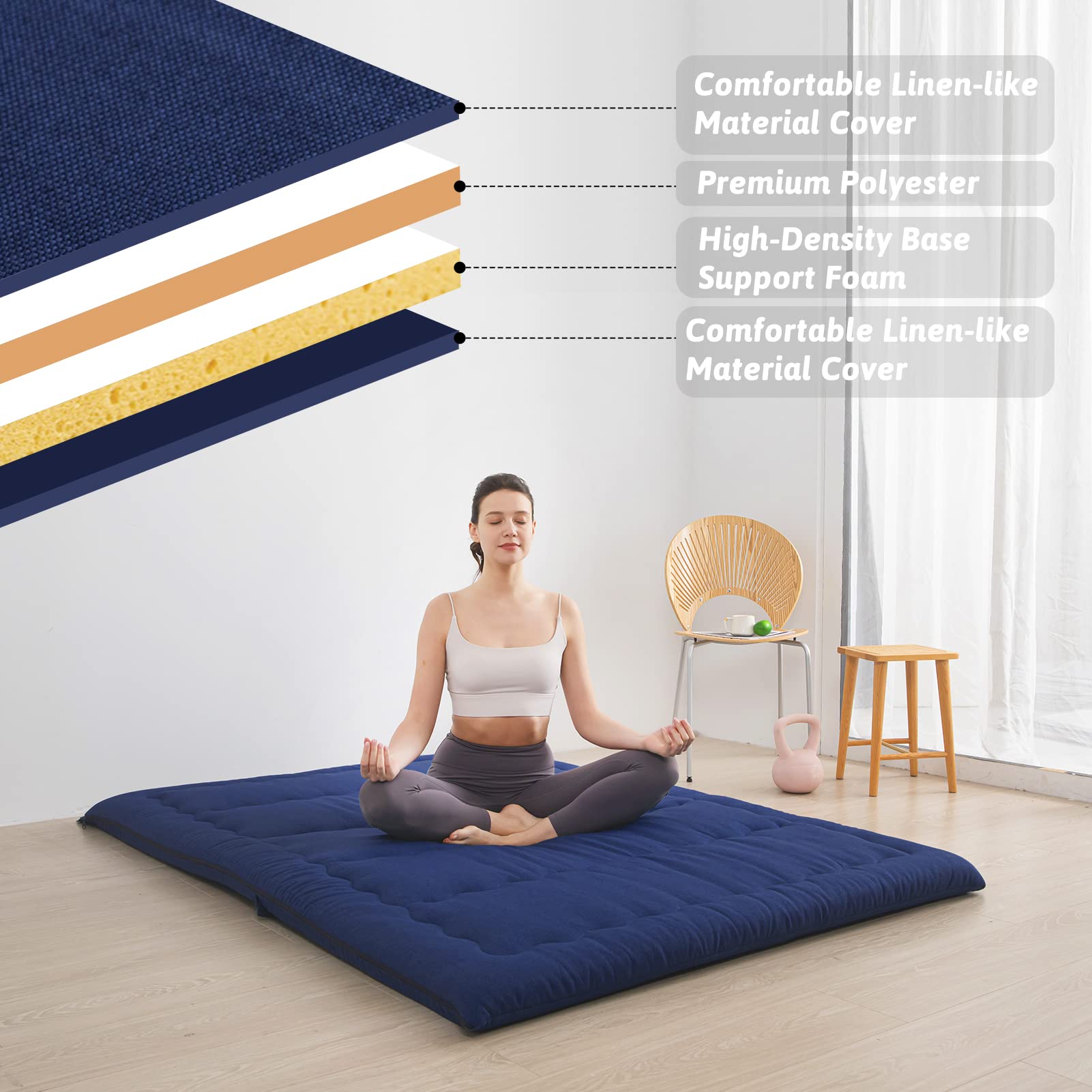 MAXYOYO Portable Foldable Futon Mattress, Hypoallergenic Fabric and Thick Foam Mattress Pad with Handle and Zipper for Outdoor Indoor Camping Guest