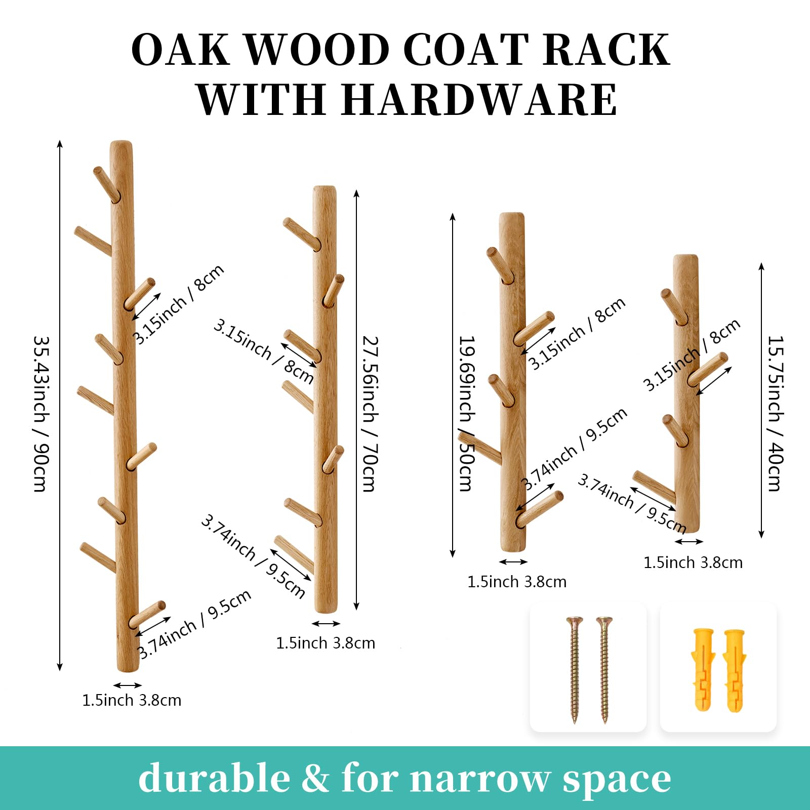 TREOAKWIS Vertical Coat Rack 50cm, Wood Hat Rack Wall Mounted with 5 Hooks