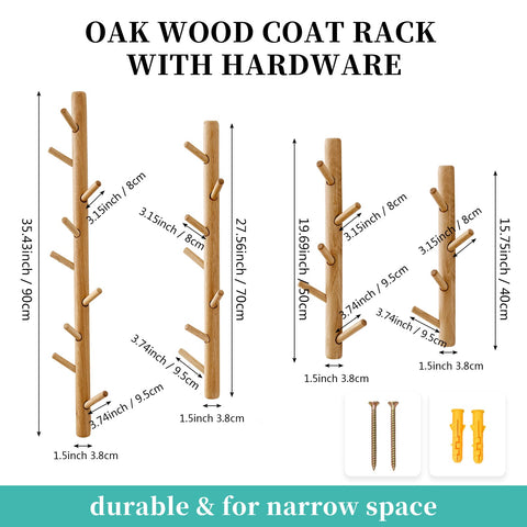 TREOAKWIS Vertical Coat Rack 50cm, Wood Hat Rack Wall Mounted with 5 Hooks