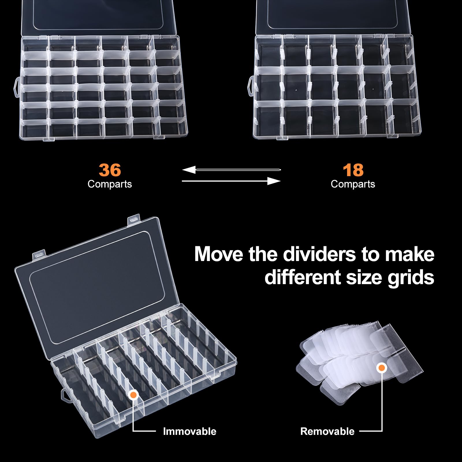 Gospire 2PCS 36 Grids Clear Plastic Jewelry Box Organizer Storage Container with Removable Dividers
