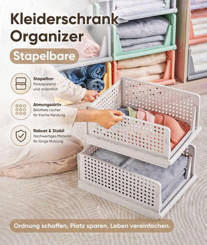 RMAN 4 Pack Wardrobe Storage Organiser Folding Plastic Storage Drawers Stackable Storage Baskets for Bedroom, Office, Kitchen, Bathroom-White