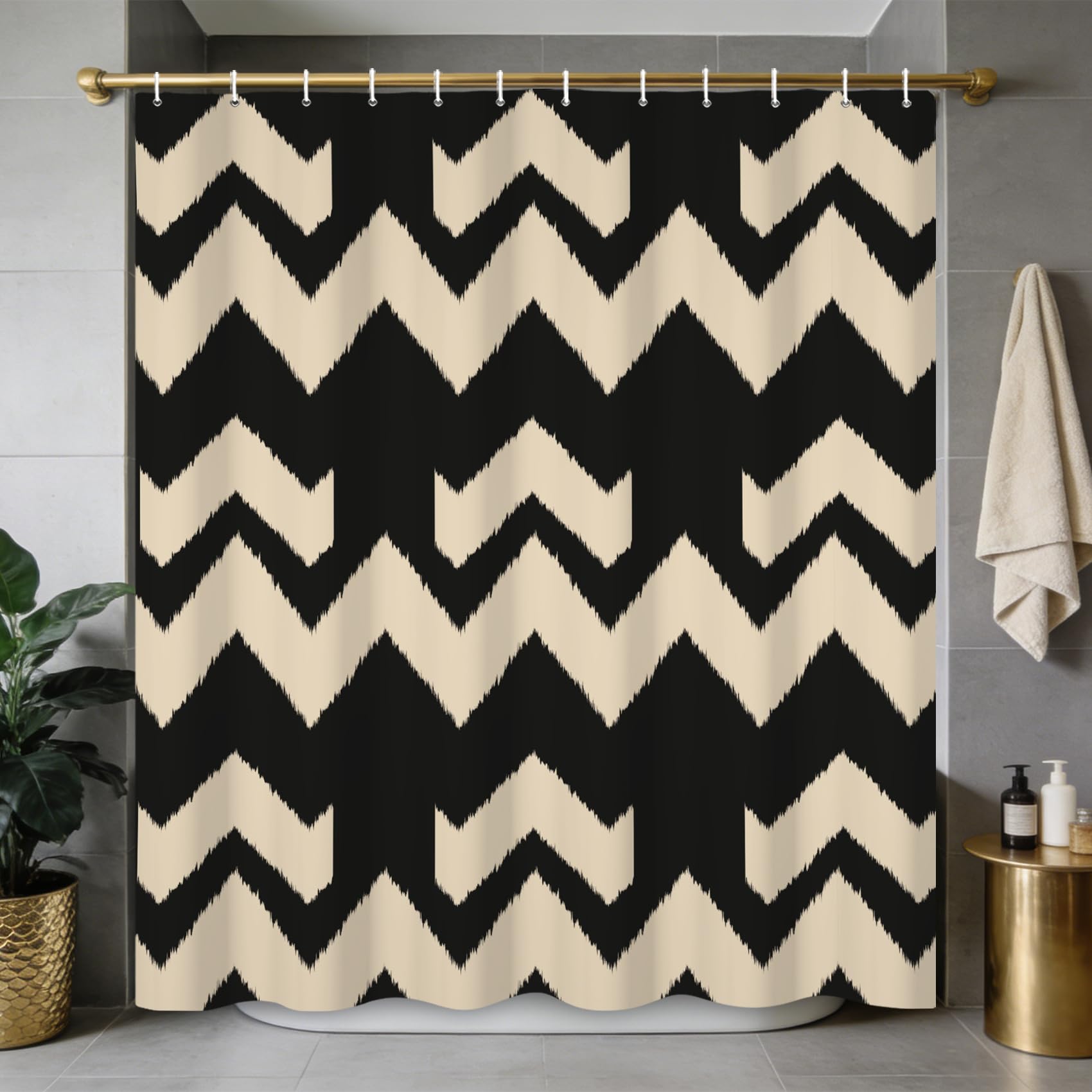 Ttincceer 180x180cm Wavy Striped Shower Curtain Abstract Boho Beige Funky Aesthetic Bathroom Decorative with Hooks Water Resistent Washable Bathtub