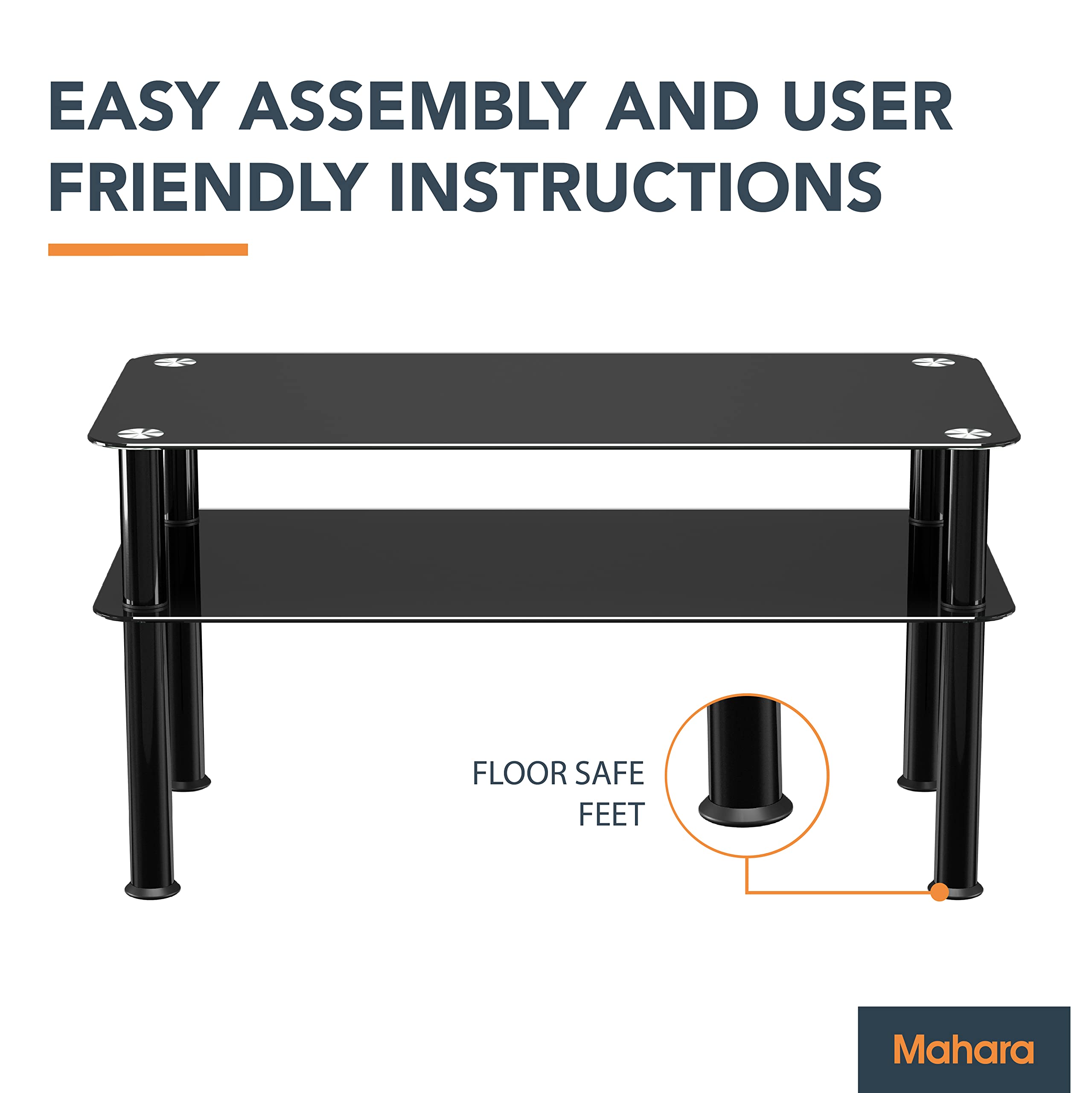 mahara Black Glass Coffee Table - Slimline side table with shelf and black aluminium legs - Small table W80cm x D40cm x H41.5cm