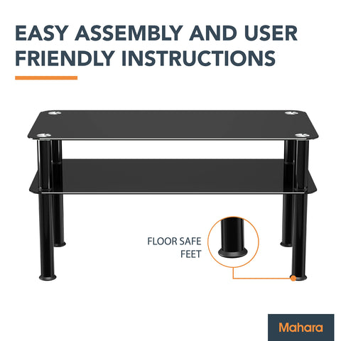 mahara Black Glass Coffee Table - Slimline side table with shelf and black aluminium legs - Small table W80cm x D40cm x H41.5cm