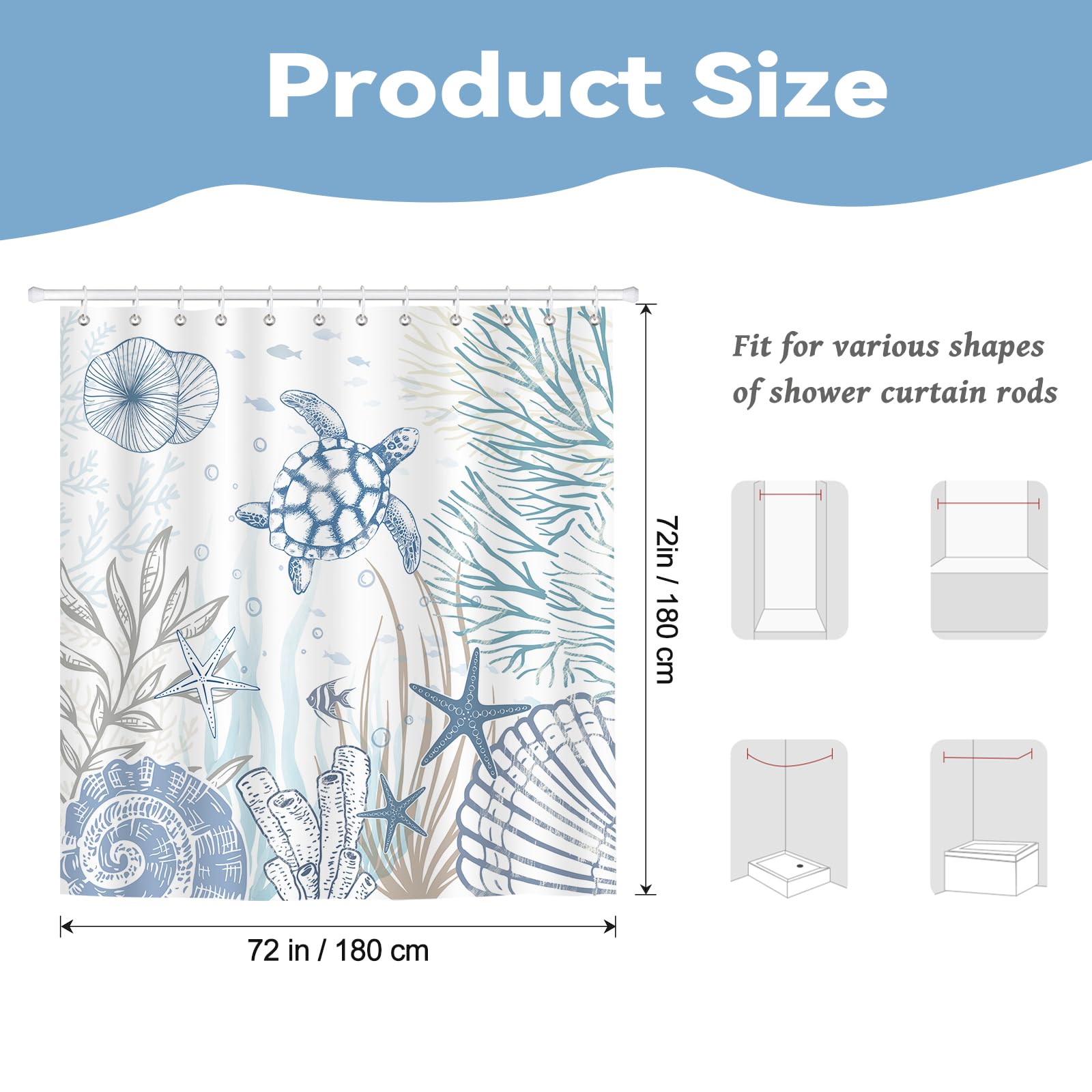 Hopomoon Sea Turtle Shower Curtain,Ocean Coastal Nautical Shells Starfish Coral Bath Curtain,Waterproof Polyester Fabric Summer Bathroom Decor with
