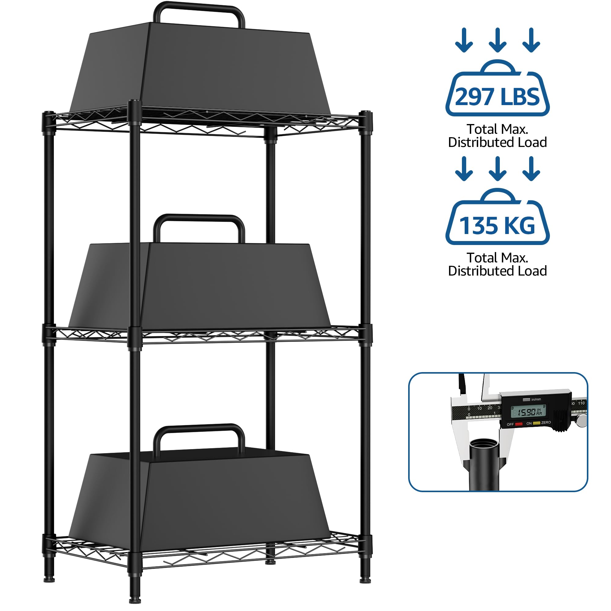 M MZG Storage Shelves 3 Tier Heavy Duty Metal Storage Unit With Levelling Feet Organizer for Garage, Laundry, Kitchen 30 x 45 x 73.2 cm Black