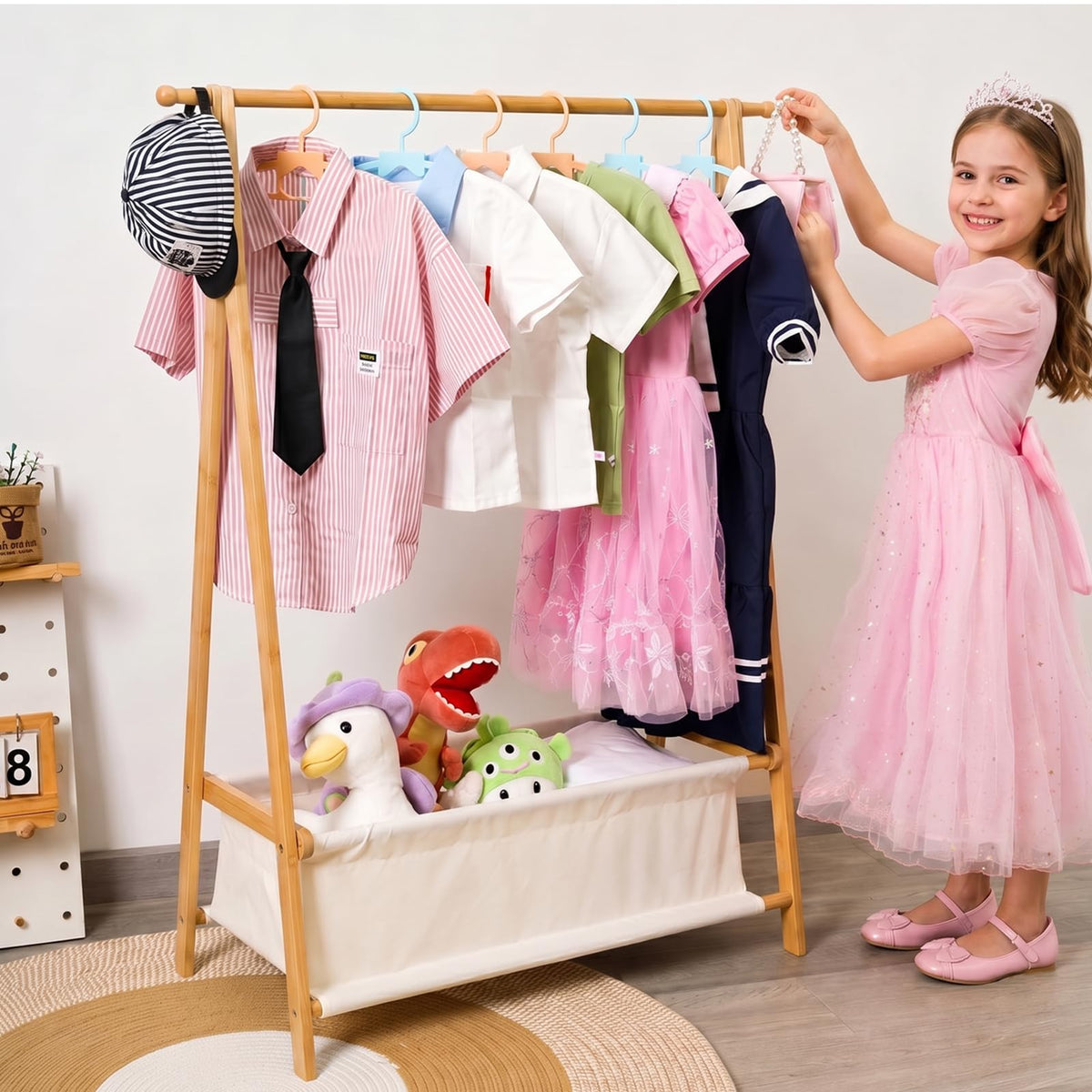 Bamysol 100% Natural Bamboo Kids Dress Up Rail With Storage, Toddler Wardrobe, Baby Crate Hamper with Rail, Kids Clothes Rail