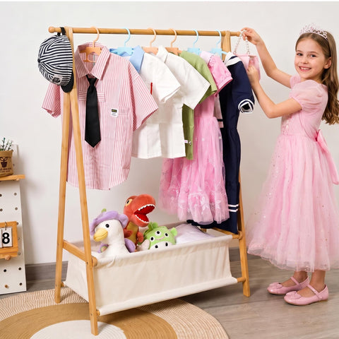 Bamysol 100% Natural Bamboo Kids Dress Up Rail With Storage, Toddler Wardrobe, Baby Crate Hamper with Rail, Kids Clothes Rail