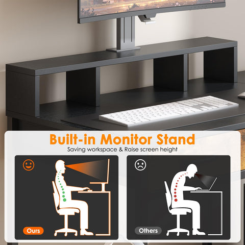 Feonase Ergonomic Computer Desk with Monitor Riser, 2 Under-Desk Drawers, CPU Stand & Hook – MDF Desktop for Home Office, Gaming & Study Black