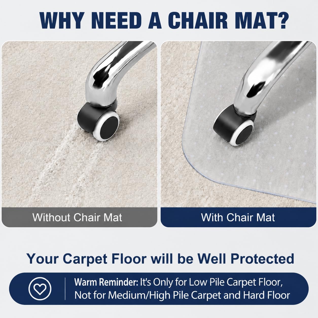 Thickened Office Chair Mat for Carpet, 120×90cm with Lip, 3mm Thick Clear Heavy Duty Floor Protector with Anti-Slip Particles for Office & Home