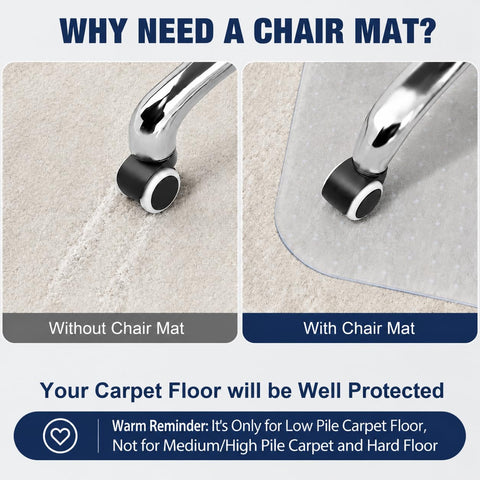 Thickened Office Chair Mat for Carpet, 120×90cm Rectangular, 3mm Thick Clear Heavy Duty Floor Protector with Anti-Slip Particles for Office & Home