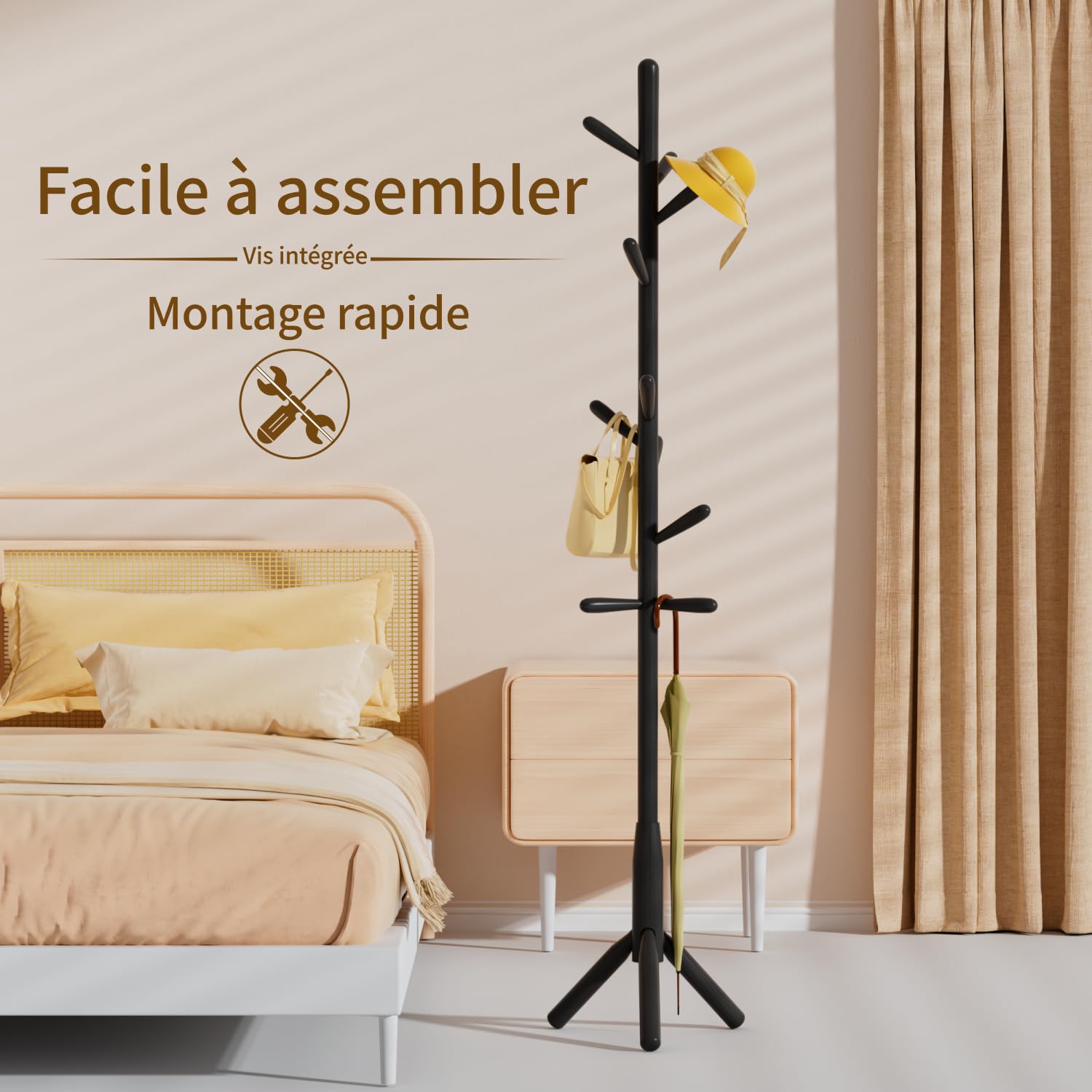 Awatiwa Solid Wood Coat Rack, Freestanding Tree-Shaped Coat Rack with 11 Hooks, Main Pole 1.6" dia for Clothes