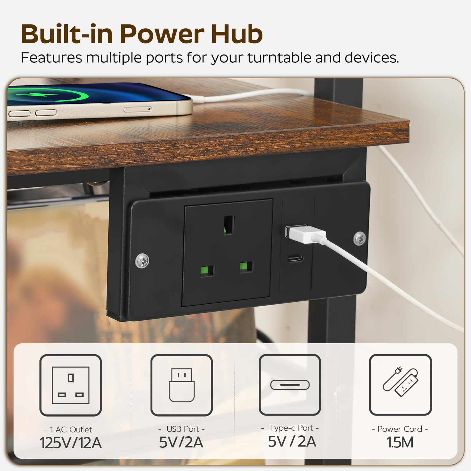 YATINEY 3-Shelf Record Player Stand with Charging Station and 3 Fabric Bins