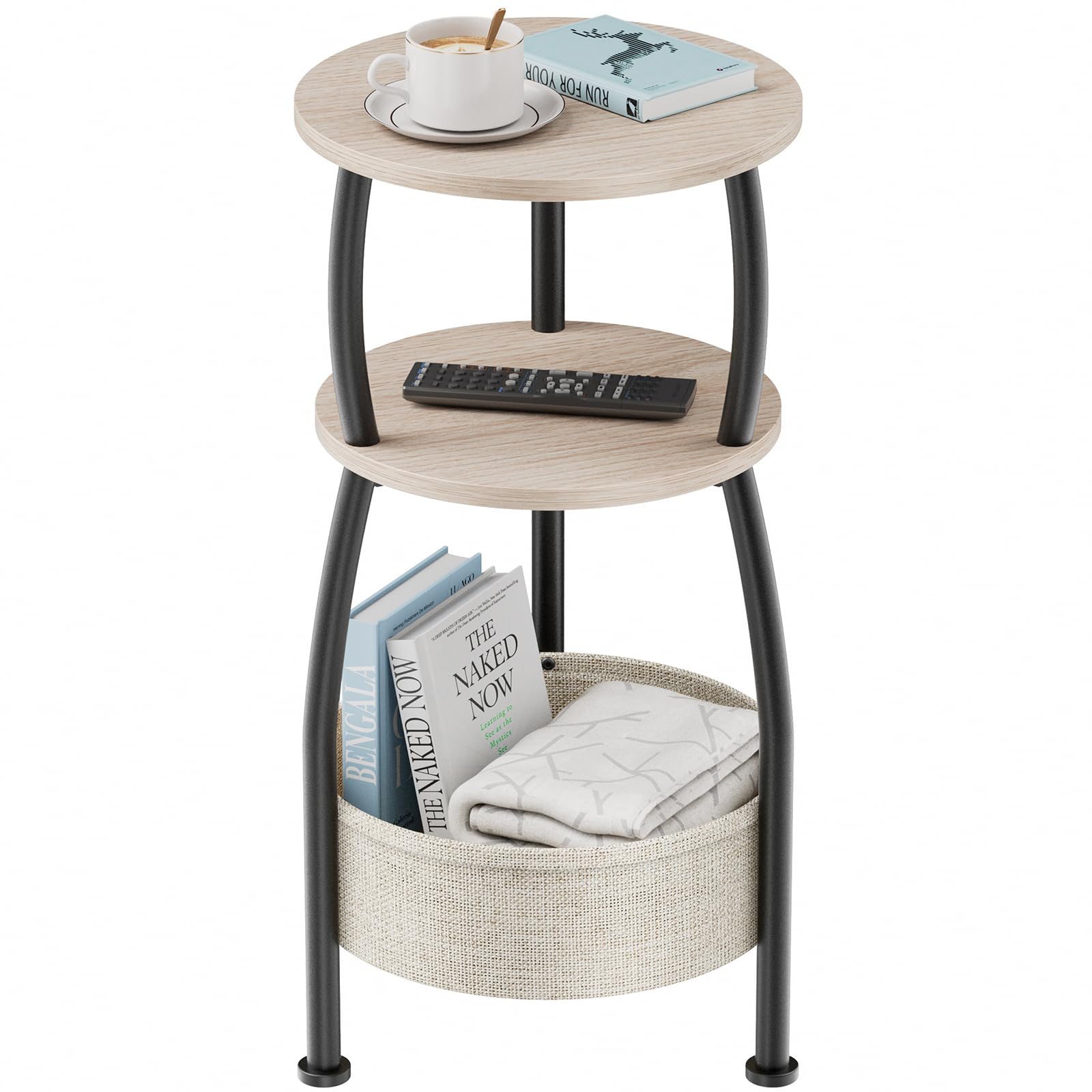 Yuede Round Side Table, 3 Tier Bedside Table, Small End Table with Fabric Basket, Coffee Table for Living Room, Bed Room, Small Space, Easy Assembly