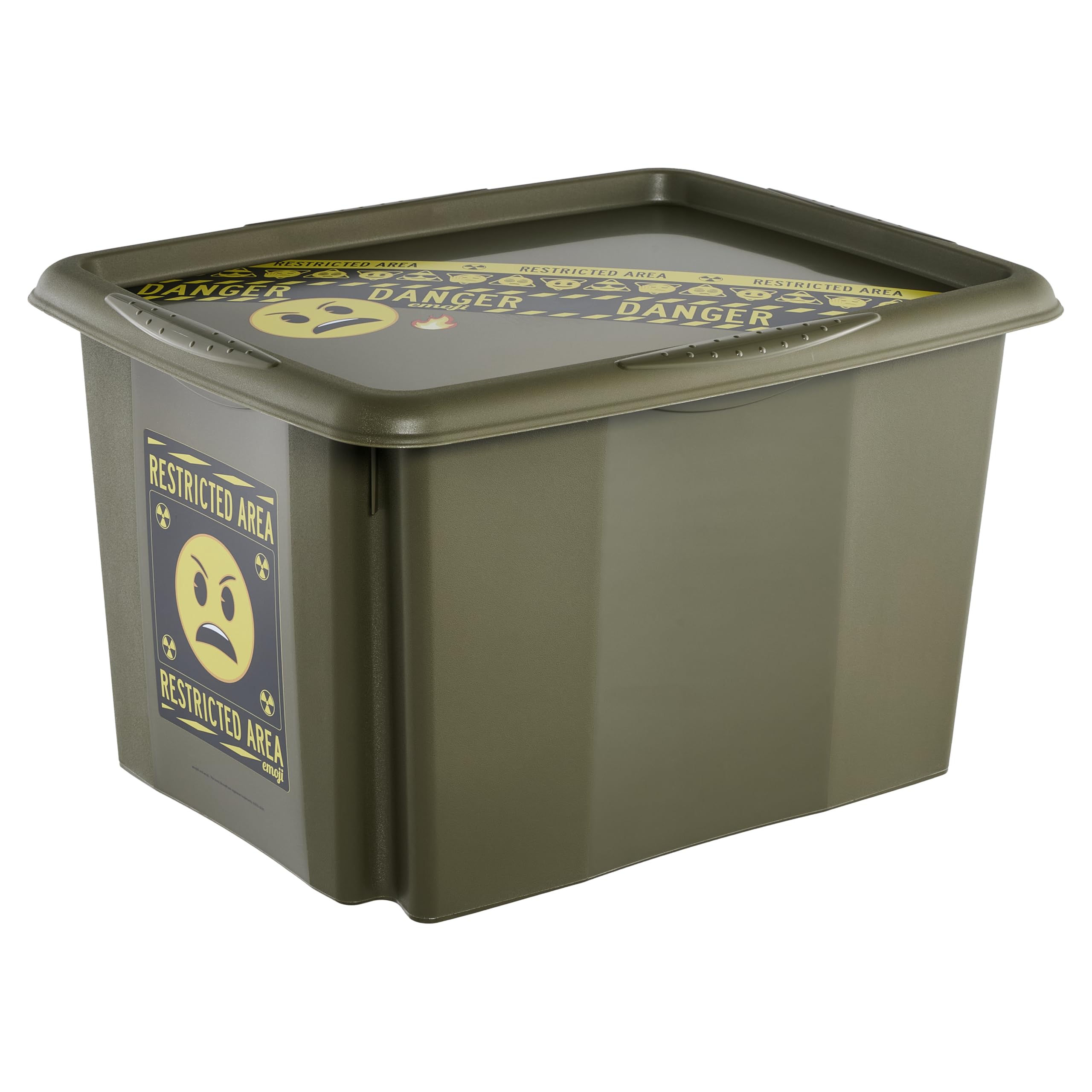 keeeper karolina storage box with lid, 30 l, stackable and nestable, Emoji Danger design, for children, olive green (olive)