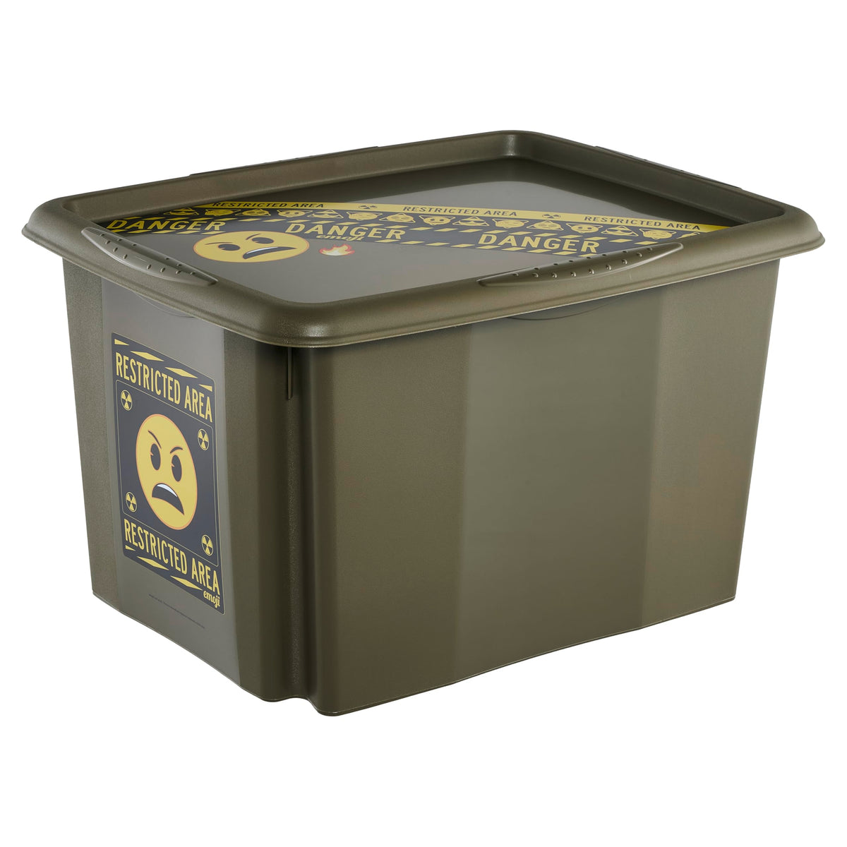 keeeper karolina storage box with lid, 30 l, stackable and nestable, Emoji Danger design, for children, olive green (olive)