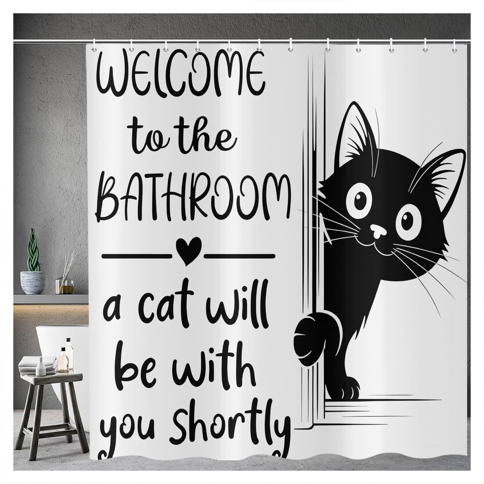 ASDCXZ Funny Cat Shower Curtain 120x200 cm, Cute Cartoon Black Kitten Hide and Seek Kids Bathroom Waterproof Bath Curtain Polyester Textile Washable