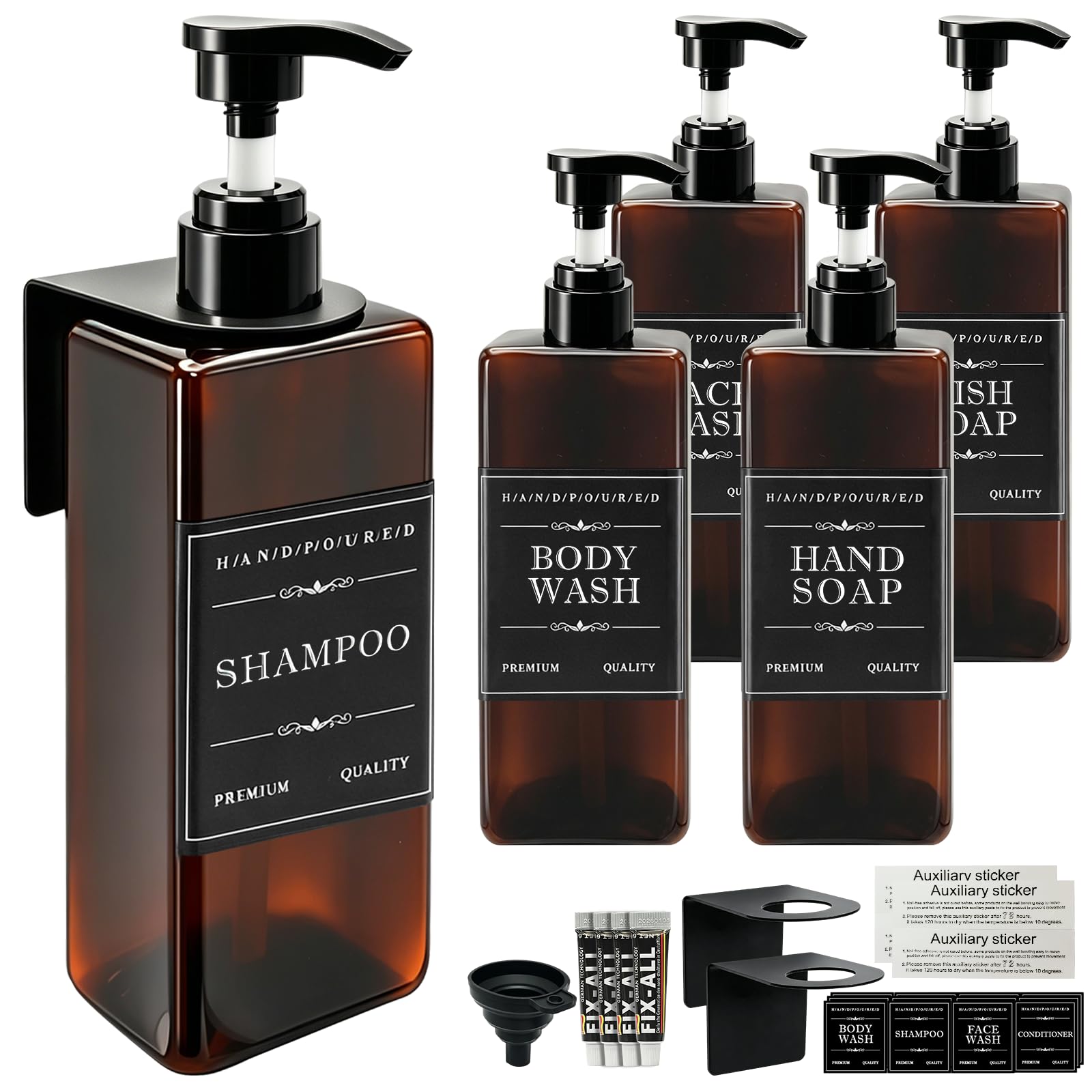 Prebarfun 5Pcs Shower Gel Dispenser 500ML Wall Mounted Soap Dispenser Brown