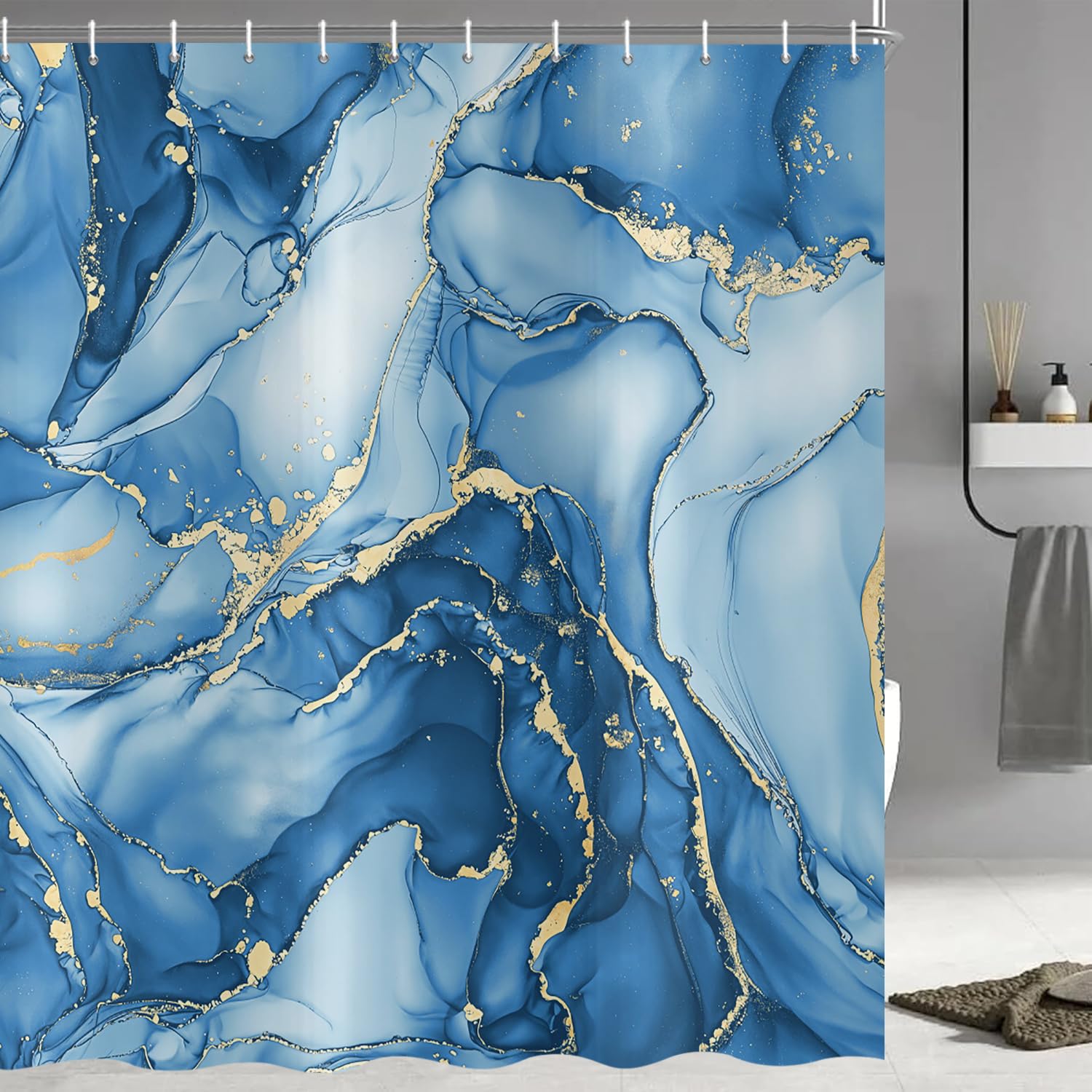 ASDCXZ Blue Marble Shower Curtain 180x180 cm, Modern Abstract Art Blue Gold Marble Optics Texture Waterproof Bath Curtain Polyester Textile Washable