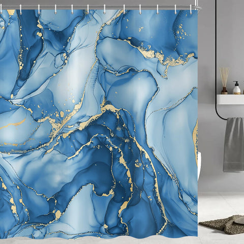 ASDCXZ Blue Marble Shower Curtain 180x180 cm, Modern Abstract Art Blue Gold Marble Optics Texture Waterproof Bath Curtain Polyester Textile Washable