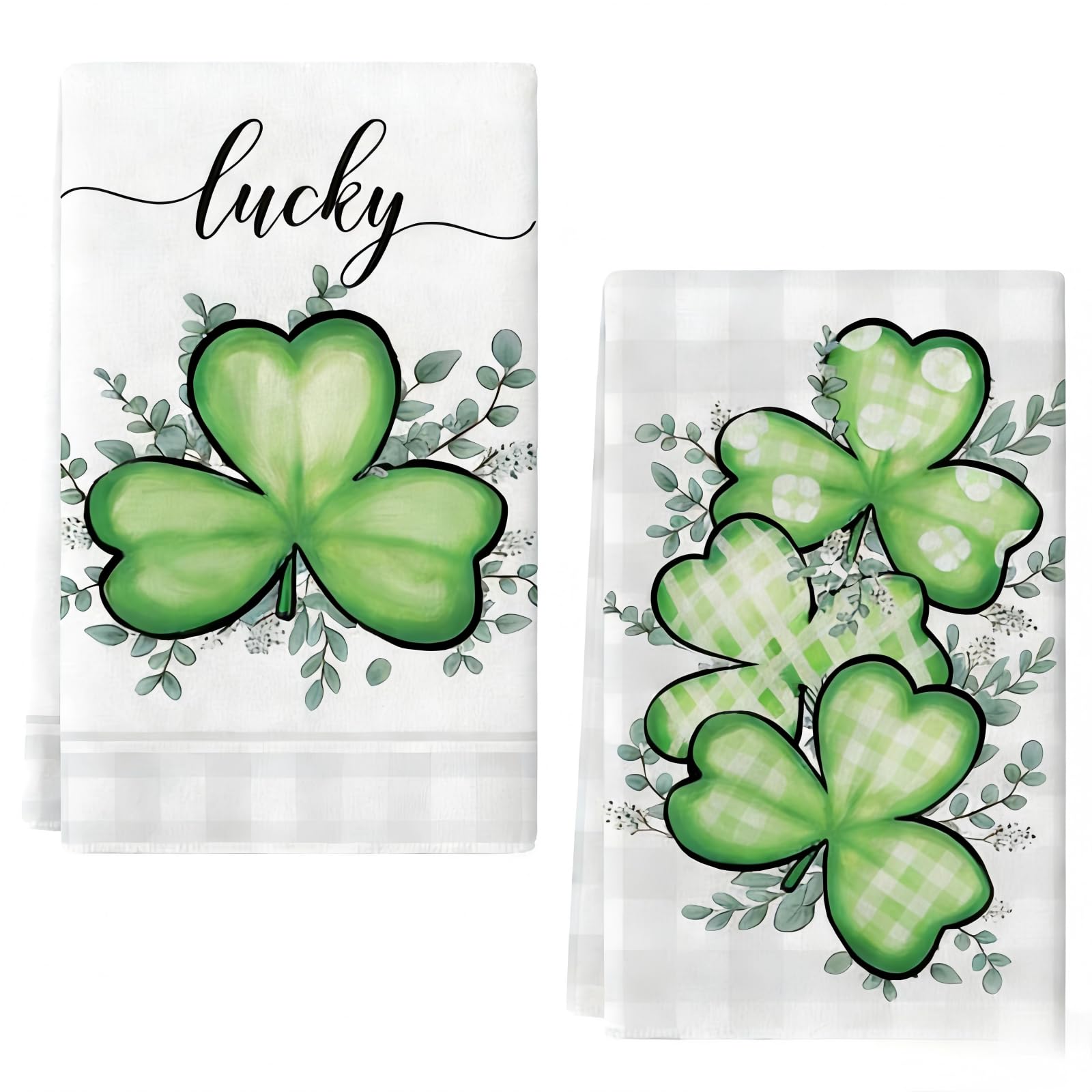 Riewy 2Pcs St Patricks Day Decorations Tea Towel,40x60CM Green and White Shamrock Eucalyptus St Patricks Day Kitchen Towels Dish Towel Multi-Purpose