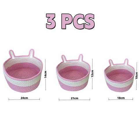 3 Pcs Pink Rabbit Basket,Cotton Rope Woven Empty Gift Hamper Baskets