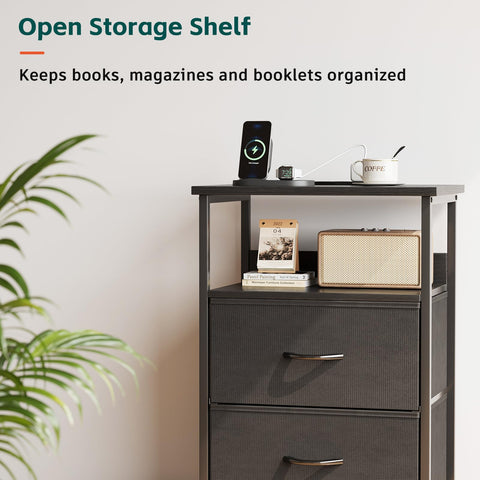 Flrrtenv Bedside Table with Charging Station, Smart Beside Cabinet, Nightstand with 2 Fabric Drawers & LED Light