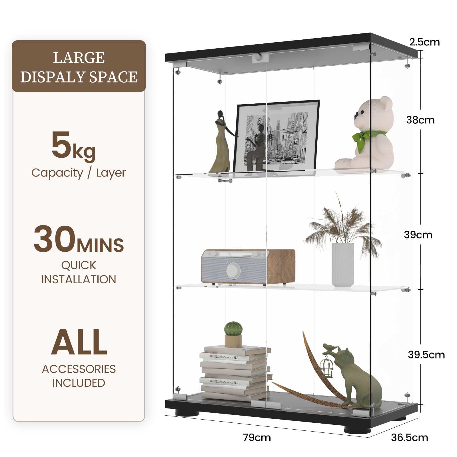 Beauty4U 3-Shelf Double Door Glass Display Cabinet, 125cm Tall, Black