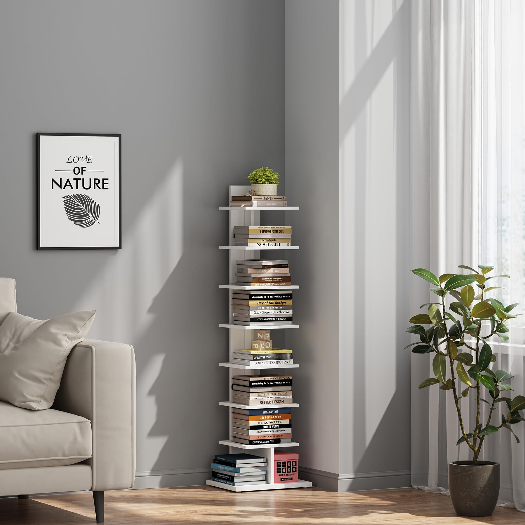 TUTOTAK Vertical Bookshelf, 8-Tier Bookcase, Narrow Spine Book Shelf for Small Space, Corner Standing Shelf for Living Room, Office, Study, Entryway