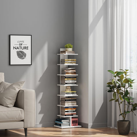 TUTOTAK Vertical Bookshelf, 8-Tier Bookcase, Narrow Spine Book Shelf for Small Space, Corner Standing Shelf for Living Room, Office, Study, Entryway