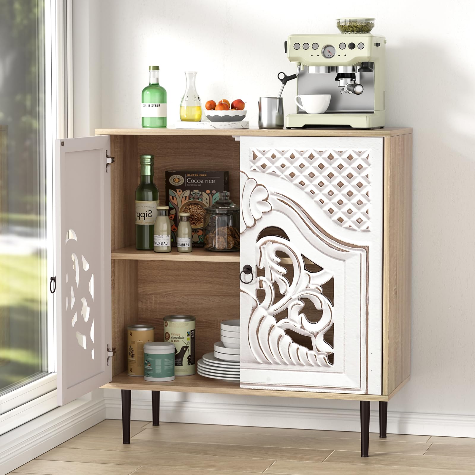 Skokliz Sideboard, Kitchen Sideboard with 2 Doors, Carved Kitchen Cabinet with Adjustable Shelves, Buffet Cabinet for Living Room, Dining Room