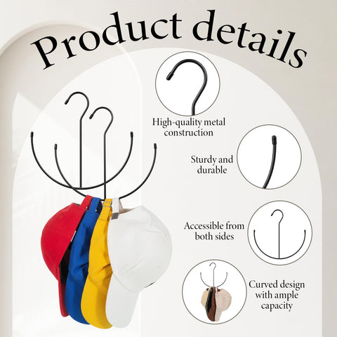 Tweruna 2 Pack Hat Hangers for Closet, Metal Closet Cap Holder for Baseball Caps, Black Hats Racks Baseball Cap Holder