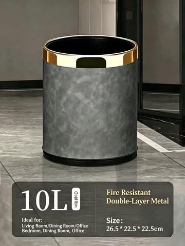 SXYLOB Luxury Metal Waste Bin 10L, Double Layer Trash Can PU Leather Covered Round Wastebasket Dust Bins for Kitchen Bathroom Hotel Office (Grey Hui)