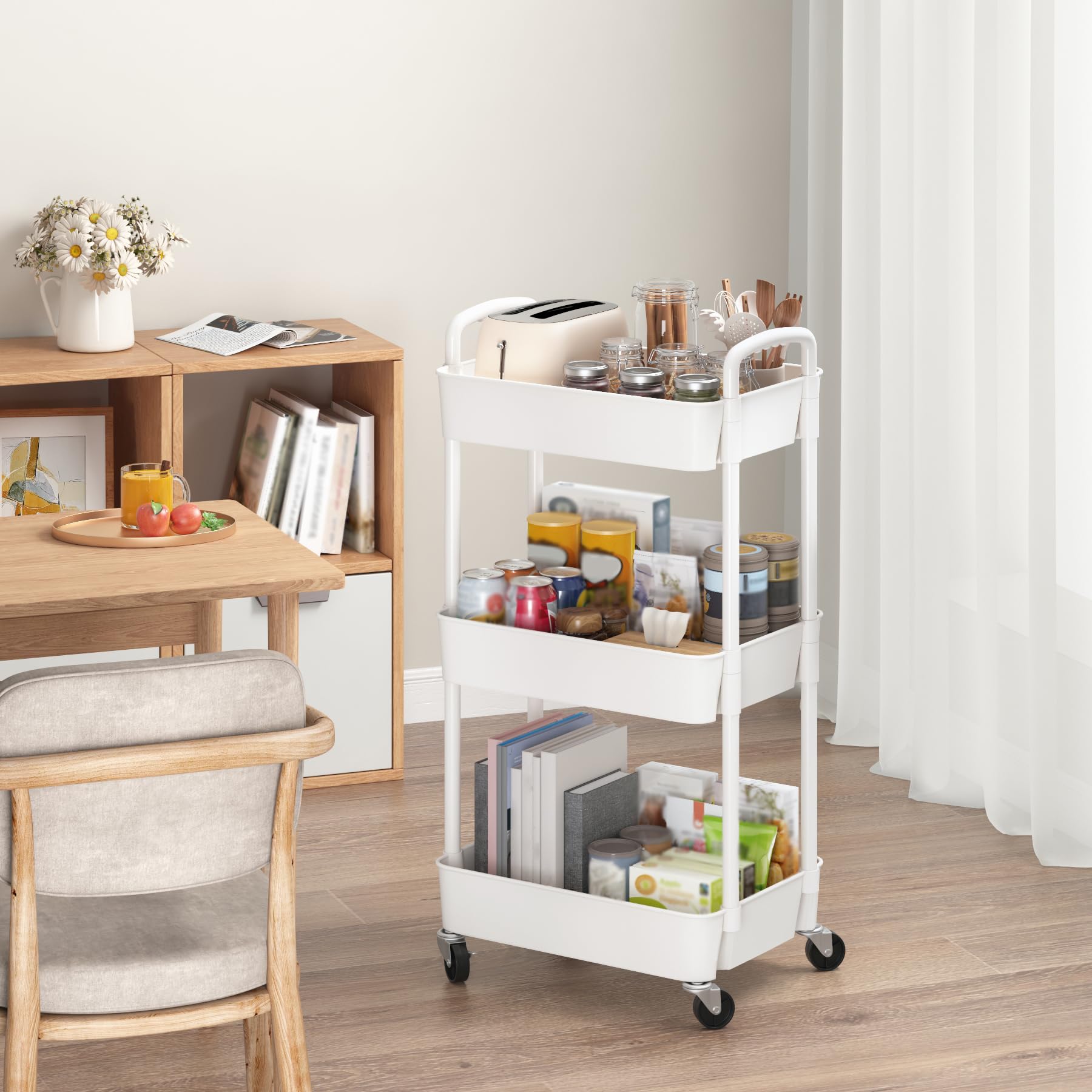 Sywhitta 3-Tier Plastic Rolling Utility Cart with Handle, Multi-Functional Storage Trolley for Office, Living Room, Kitchen