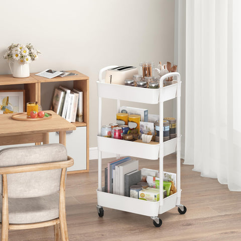 Sywhitta 3-Tier Plastic Rolling Utility Cart with Handle, Multi-Functional Storage Trolley for Office, Living Room, Kitchen