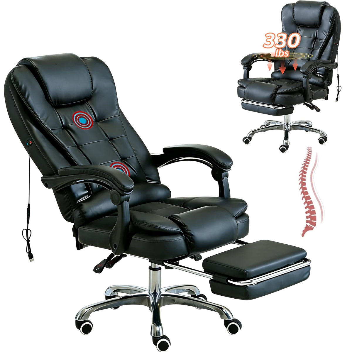 HIHOBDAY Office Desk Chair,Big & Tall Leather Gaming Chair with Footrest,Wide Ergonomic Comfy Executive High-Back Reclining Computer Chair,2-Point