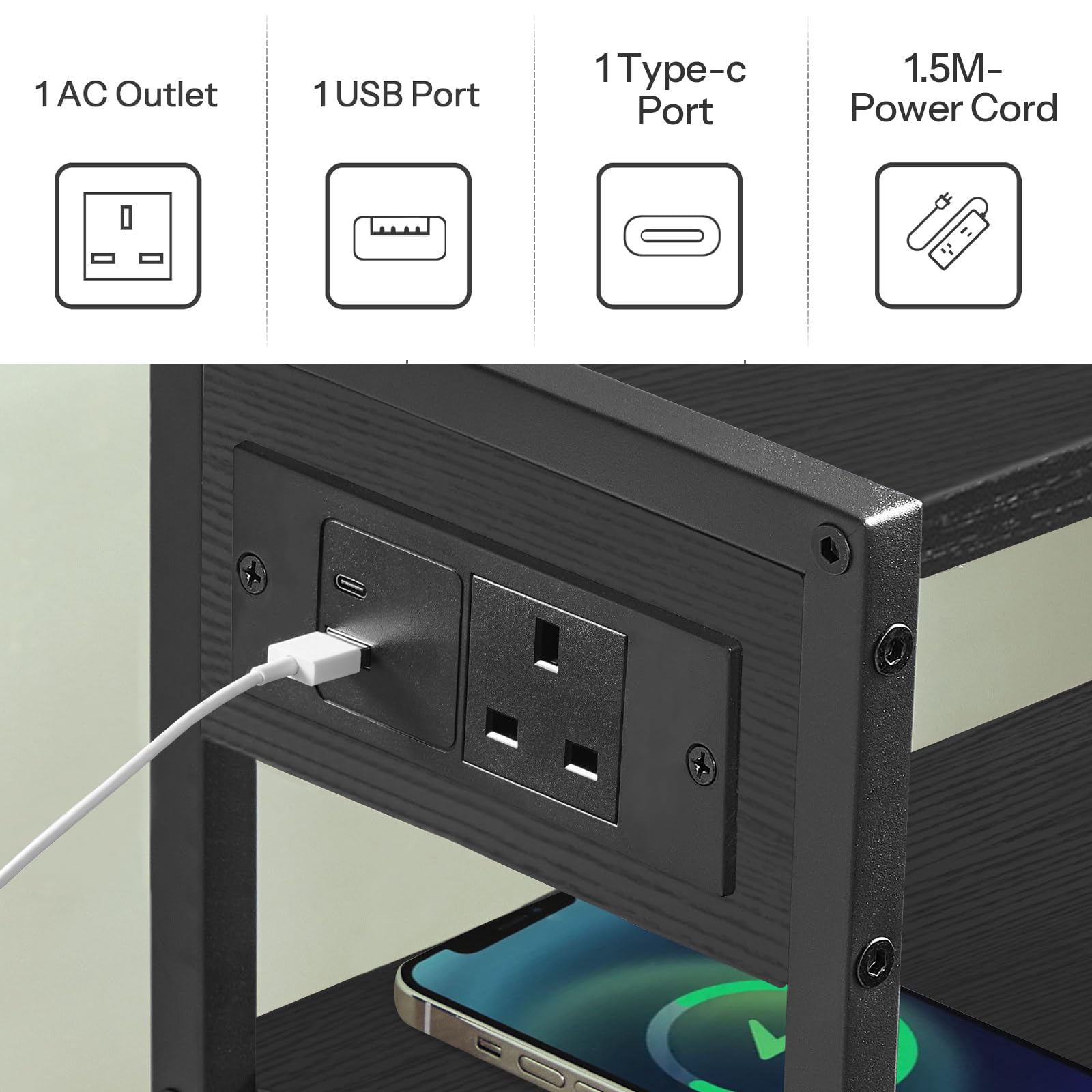 HOOBRO Slim Side Table with Charging Station, Narrow Bedside Table for Small Spaces, 3-Tier End Table with USB & Type-C Ports, Black EBB102KBZ01