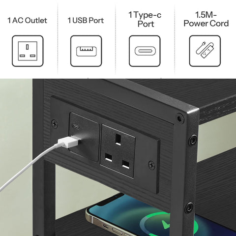 HOOBRO Slim Side Table with Charging Station, Narrow Bedside Table for Small Spaces, 3-Tier End Table with USB & Type-C Ports, Black EBB102KBZ01
