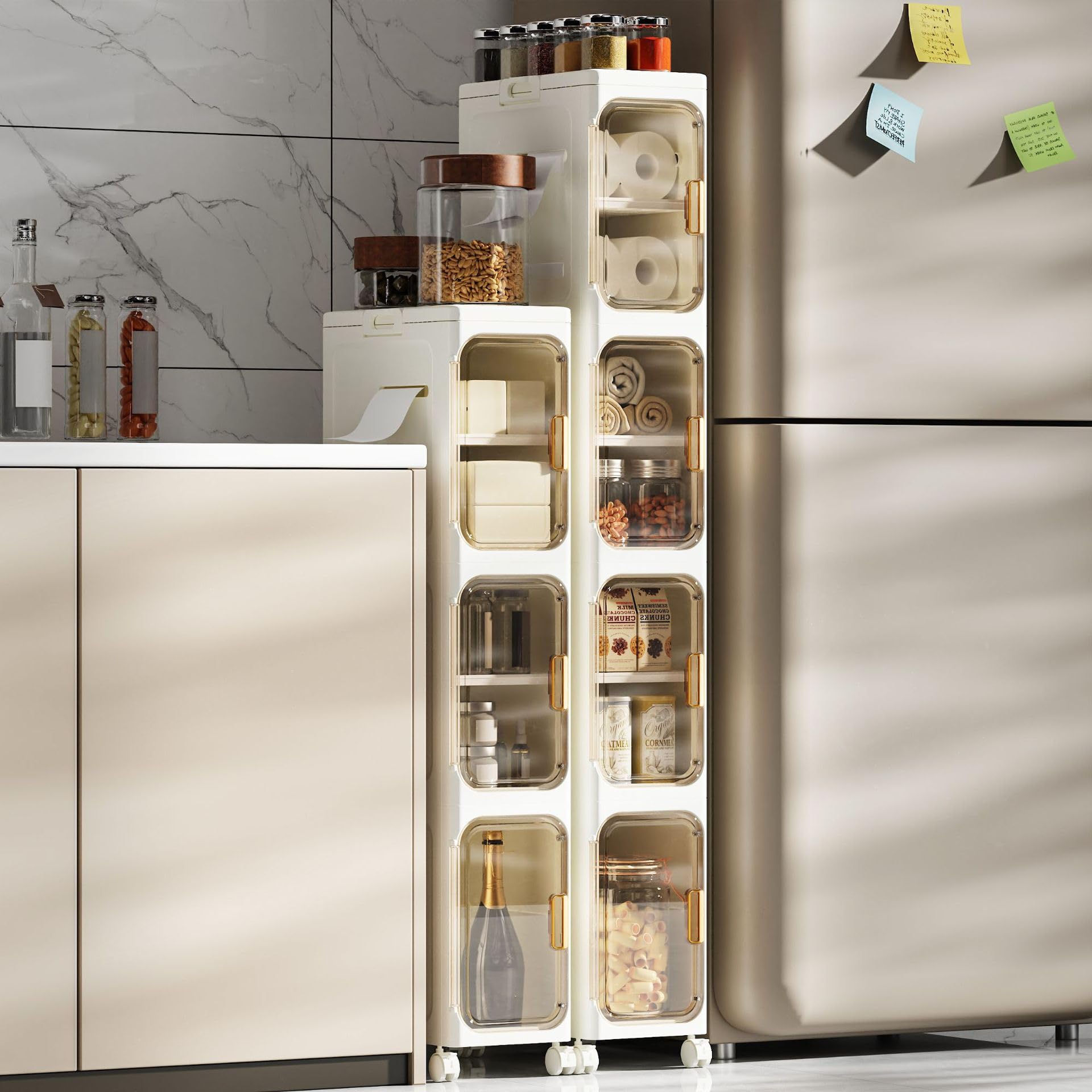 LSLANSOON Slim Bathroom Storage Cabinet, Narrow Foldable and Mobile Organizer for Small Spaces, Bathroom, Kitchen, Laundry Room, Living Room (2 Layer)