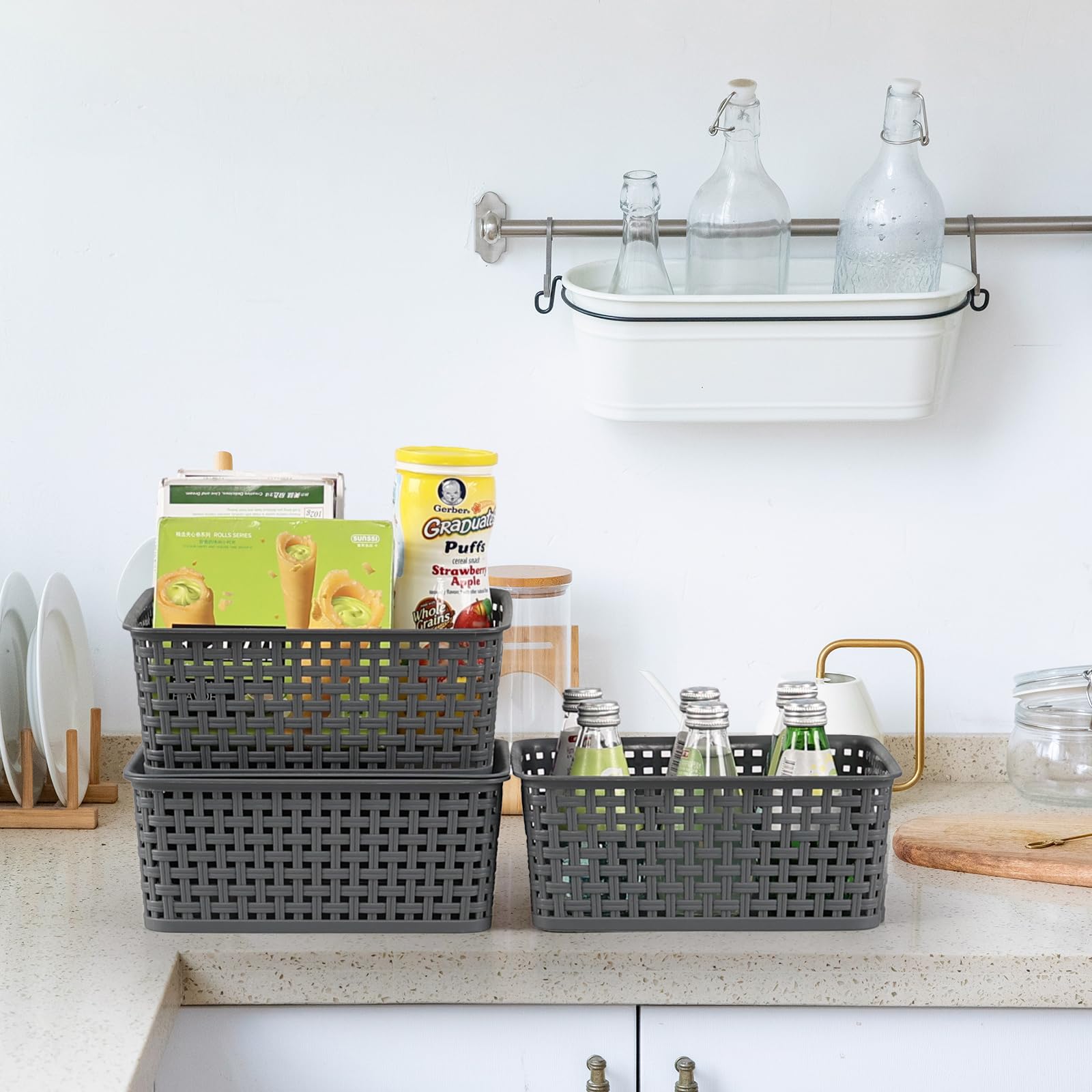 Bringer 6 Pack Plastic Woven Storage Basket with Lid, Stackable Lidded Storage Bins for Bathroom Kitchen Pantry Classroom, Grey