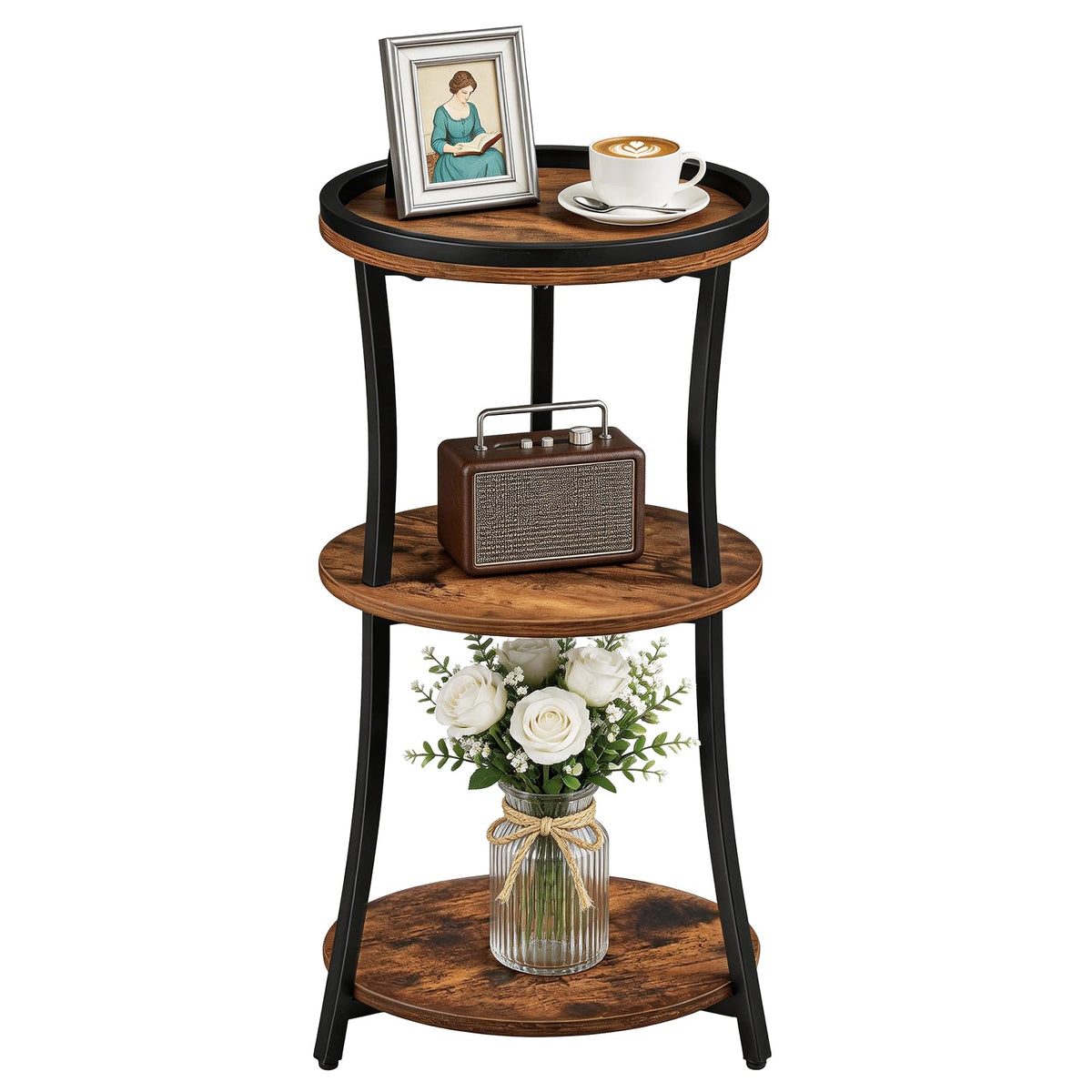MAHANCRIS Round Side Table, 3-Tier Small End Table with Raised Edge, Nightstand with Storage Shelves, Industrial Coffee Table, for Living Room