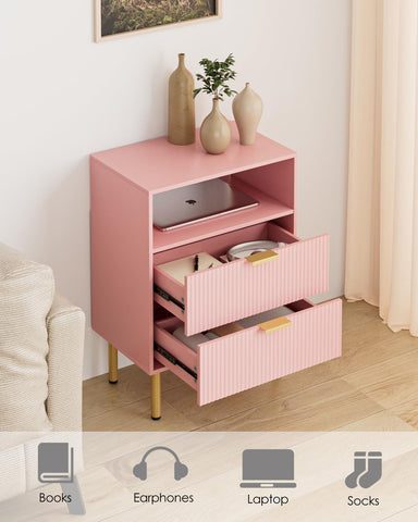 Apetaccat Bedside Table with 2 Drawers, Modern Bedside Cabniet with Metal Legs, Fluted Nightstand, Side Table for Bedroom, Living Room, Office, Pink