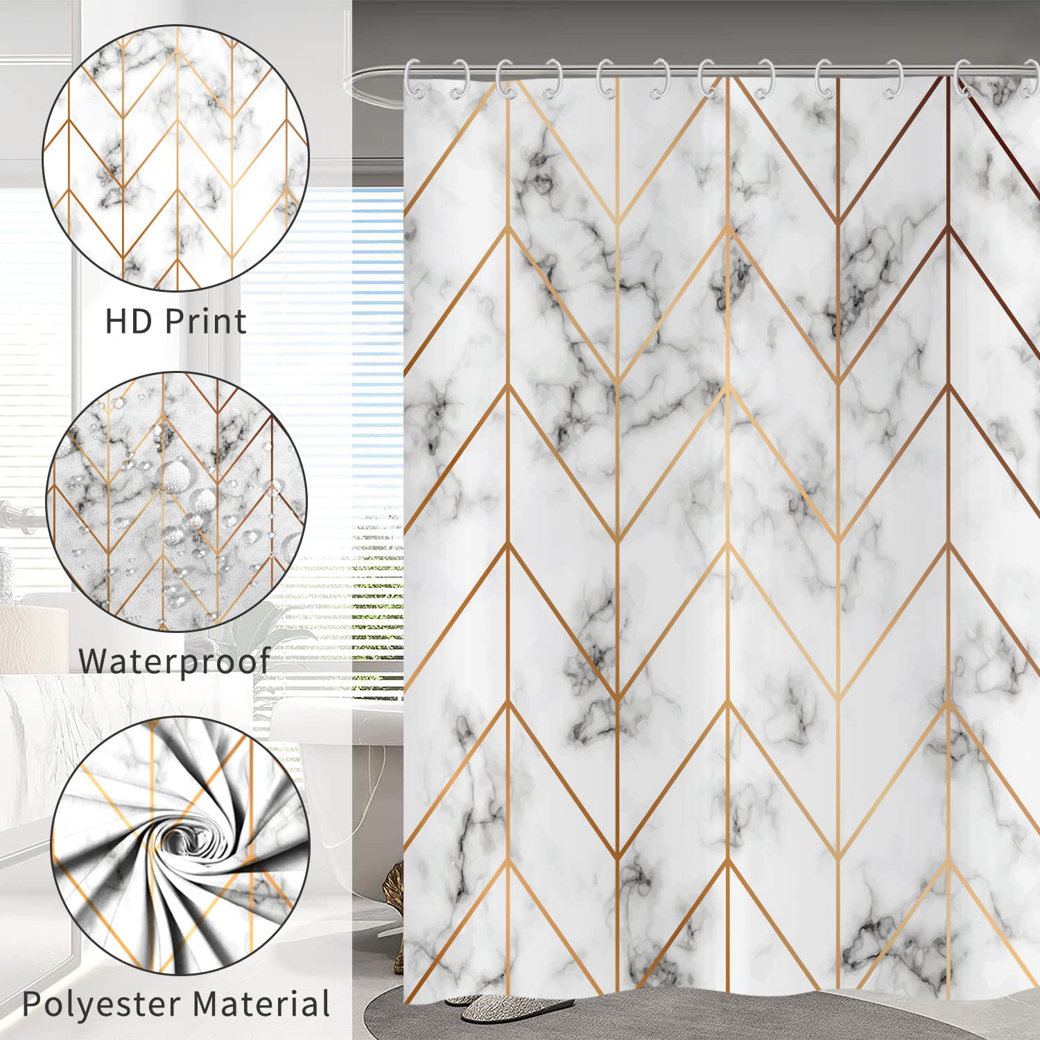 Hnmdmyi Marble Shower Curtain 180x180, Grey and White Shower Curtains Gold Geometric Line Abstract Modern Luxury Art Bathroom Curtains Waterproof