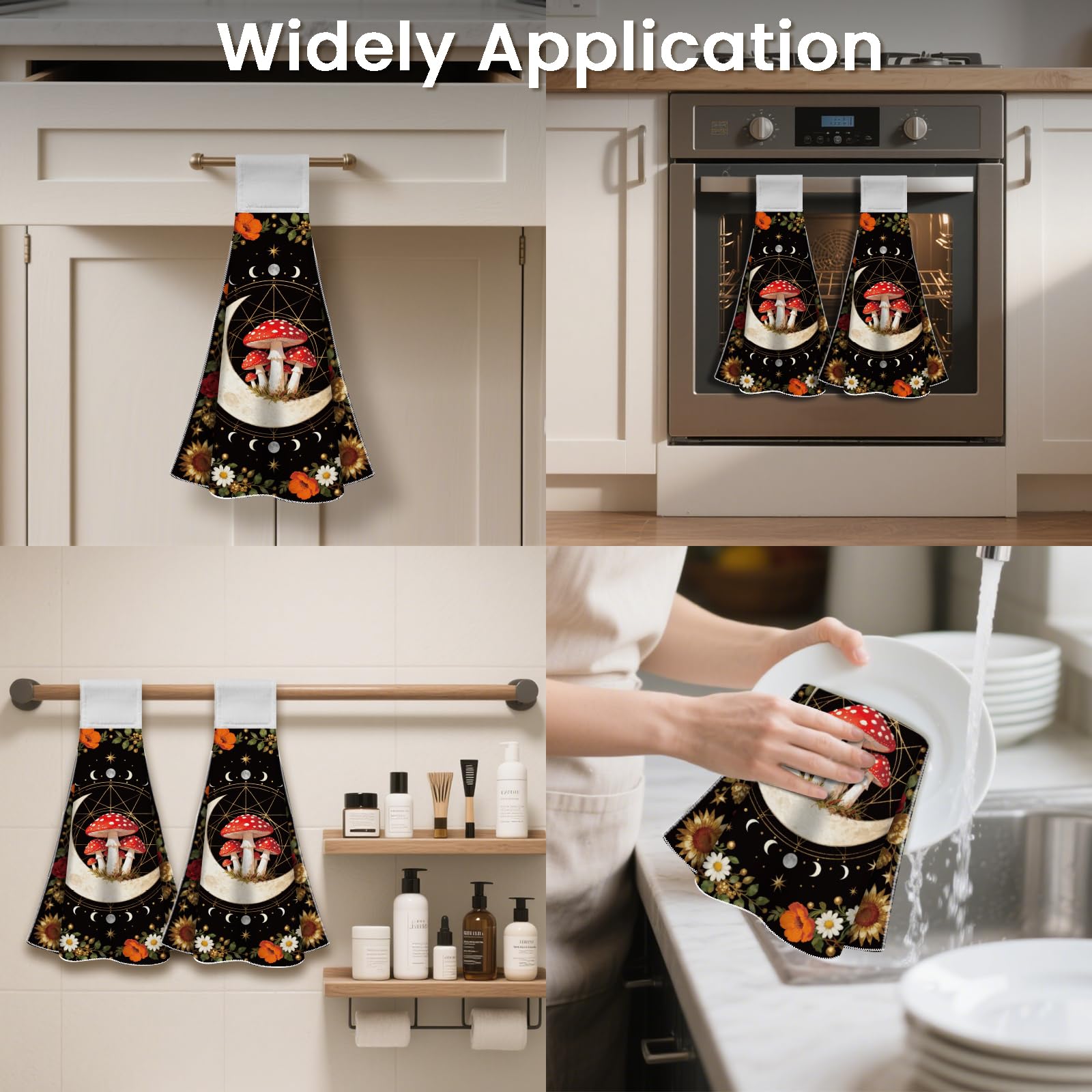 CUTHOLLOW 2 Pcs Mysterious Moon and Mushroom Hanging Kitchen Towels with Loop