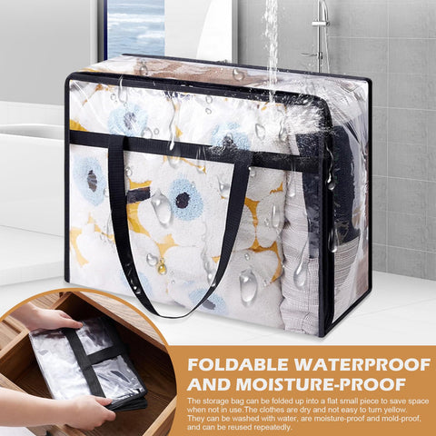 5 Pack Clear Plastic Storage Bags, 40L Foldable Clothes Storage Bags with Zips Laundry Packing Bags with Reinforced Handle Bedding Moving Bags