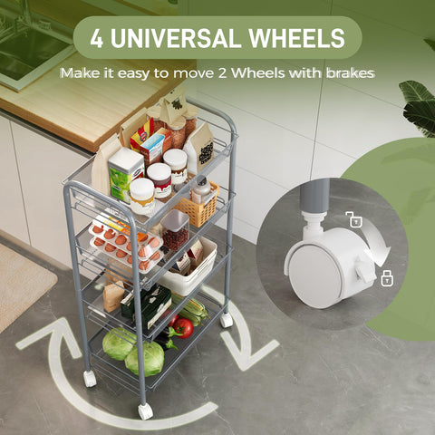 WELDUN 4-Tier Storage Trolley, Meatl Rolling Cart, Mesh Storage Cart Gray